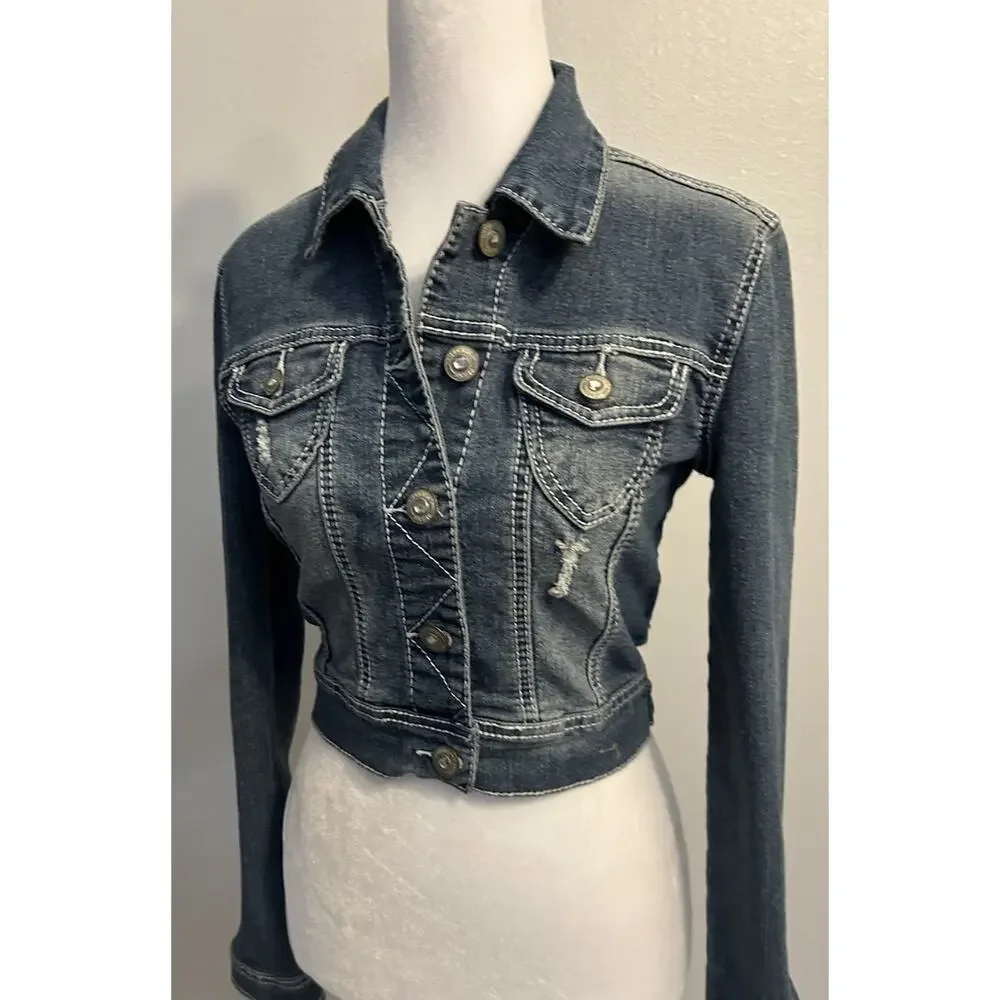 Y2K Cropped Jean Jacket Women's S Western Rhinestone Bling Sexy Hipster Country